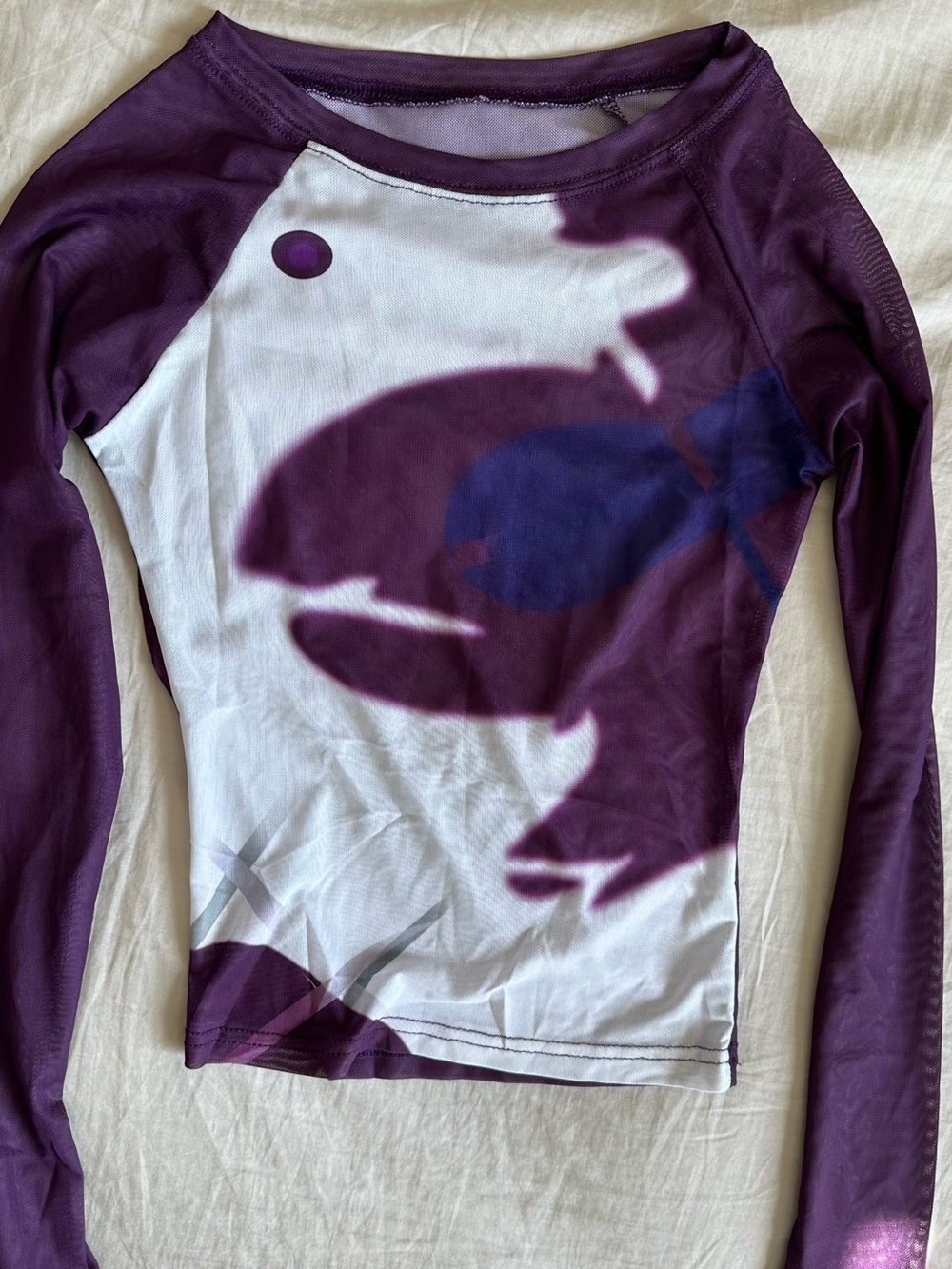 Y2K Sheer Mesh Printed Long-Sleeve Purple Top Size-